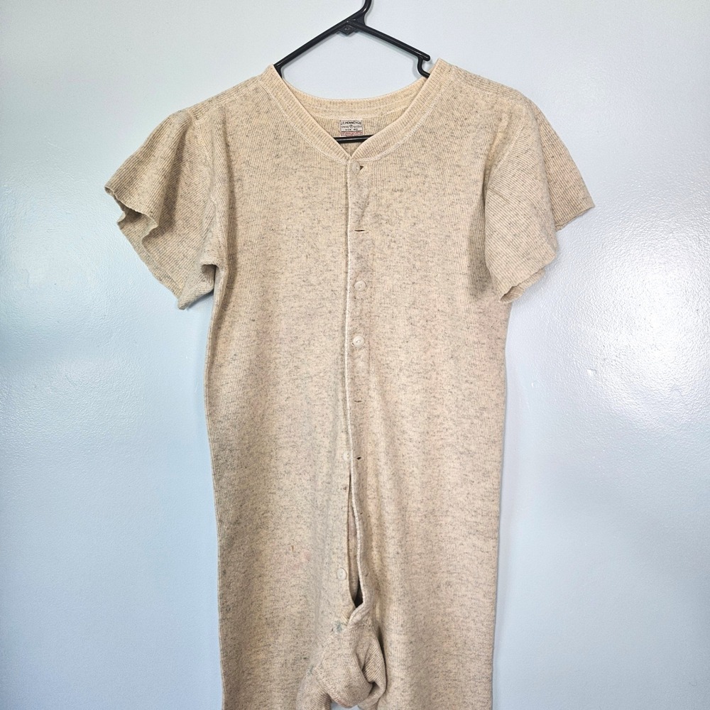 Vintage 20s 30s JC Penney Needle Wool Cotton Union Suit Size 40 Oatmeal Thermal